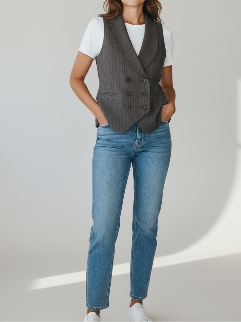VTG Reitmans Gray Stripped Scoop Neck Double Breasted Waistcoat Classic Career